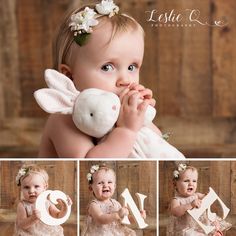 a baby girl holding a stuffed animal and posing for the camera with her name on it