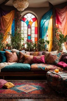 Immerse yourself in a tapestry of vivid colors and textures with this bohemian living room haven. Sunlight filters through enchanting stained glass windows, casting a dance of radiant hues across an interior bursting with life. Plush, multicolored cushions sprawl across a wooden seating area, their patterns evoking tales of distant lands. Sheer drapes in jewel tones of sapphire, ruby, and amber drape elegantly, adding layers of whimsy and warmth. Wooden Seating, Sheer Drapes