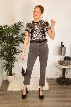 Dark denim with sparkle studs and a sparkly top. Pant Style, Fashion Pants, The Year, Sparkle, Holidays, Festival, Pants, Trousers