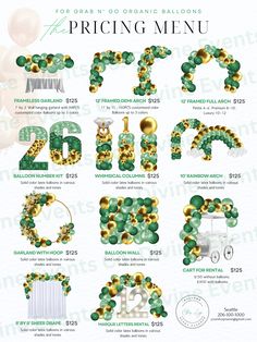 the pricing sheet for an event with green and gold balloons, numbers, and decorations