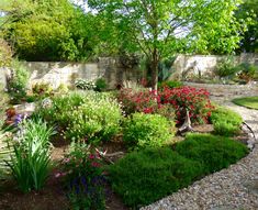 a garden with lots of flowers and plants around it in the middle of a stone wall