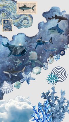 an image of the ocean with dolphins and other marine creatures on it's surface