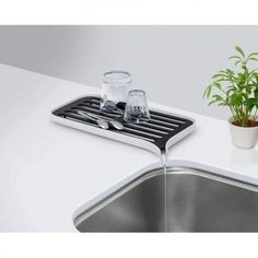 a kitchen sink with a potted plant next to it and a water faucet