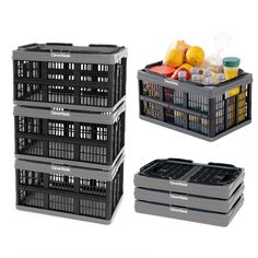 three plastic storage containers with lids and dividers on each side, one holding drinks