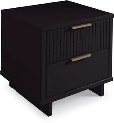 a black night stand with two drawers on one side and an open drawer on the other