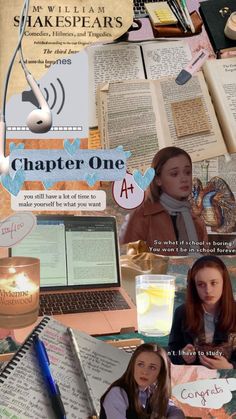 a collage of photos with books, candles and other things on it that include an open laptop computer