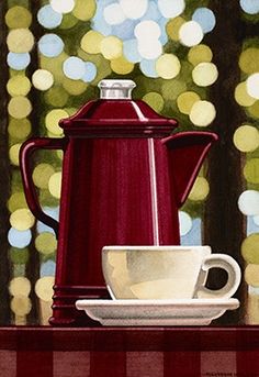 a painting of a red coffee pot and white cup on a checkered table cloth