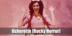 a woman with her hands up in the air and text that reads, usherette rocky horror