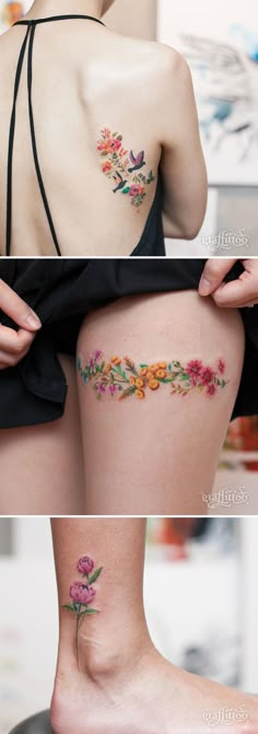 three different pictures of the same woman's body with flowers on her side and behind her back