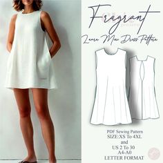 a women's dress sewing pattern from the front and side view, with an image of