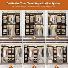 58" W - 90" W Closet System,3 Hanging Rods and Shelves,  2 Drawers & Shoe Rack, Sturdy Reversible Walk In Closet Organizer, Closet System With Drawers, Closet Dimensions, Large Walk In Closet, Wood Closet, Wood Organization, Closet Organizing Systems, Closet Wardrobe, Closet System