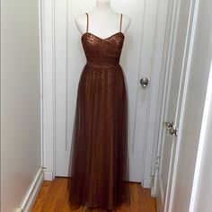 Spaghetti Straps And Beads! Beautiful Brown Color And Nwt Never Been Worn Short Strapless Prom Dresses, Pink Formal Gown, Brown Dresses Formal, Overlay Color, Empire Waist Gown, Fuschia Dress, Navy Blue Maxi Dress, Dresses Beautiful, Alfred Angelo