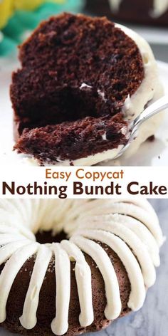 a chocolate bundt cake with white frosting on top and the words easy copycat nothing bundt cake