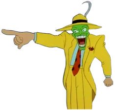 an animated image of a man in a yellow suit and hat pointing to the right