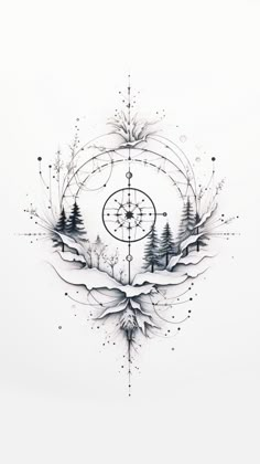 an artistic drawing with trees and compass on it's side, in the middle of a