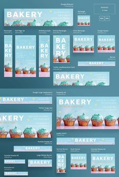 the website design for bakery is displayed on a blue background with cupcakes and stars