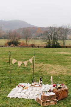 a picnic in the middle of a field with food and drinks on it's blanket