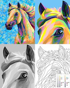 four different colored pictures of horses