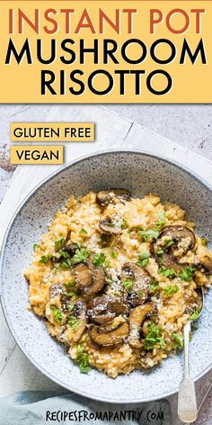 instant pot mushroom risotto in a white bowl with a spoon on the side