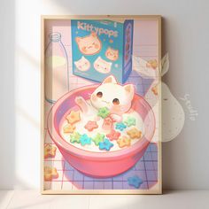 a painting of a cat taking a bath in a pink bowl with star shaped cookies