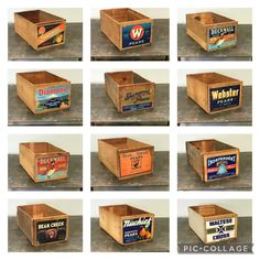 six wooden boxes with different labels on them