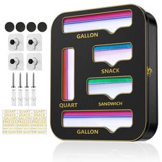 an assortment of earbuds in a black box with white and gold trims