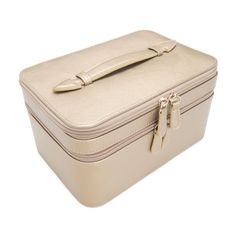 a tan suitcase with handles and zippers on the inside is shown in front of a white background