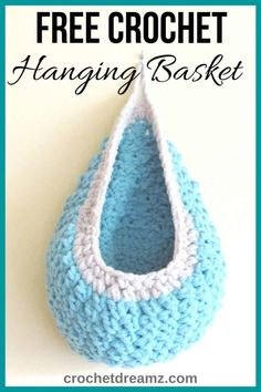 a crocheted hanging basket with the text, free crochet hanging basket