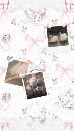 a wallpaper with pink and white flowers, pictures, and bows on it's side