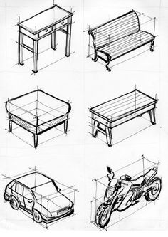 sketches of different types of benches, tables and scooters are shown in this image