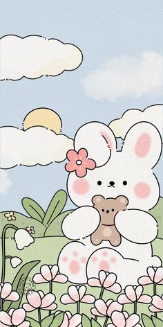 a drawing of a bunny holding a teddy bear in the middle of flowers and clouds