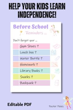 a poster with the words, help your kids learn independence before school reminders on it