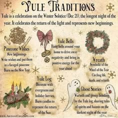 an old fashioned christmas card with the words yule traditions written in english and spanish