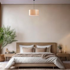 a bedroom with a bed, nightstands and potted plants on the side wall