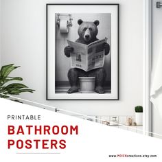 A bear reading the newspaper in the toilet. Bathroom posters printable. Room decor printable. Funny Home Decor