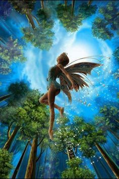 a painting of a fairy flying through the air in front of trees and blue sky