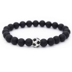 a black beaded bracelet with a soccer ball on it