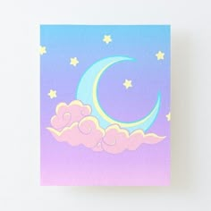 a painting of the moon and clouds with stars in the sky on a white background