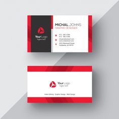 two business cards with red and black accents