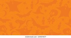 an orange halloween background with pumpkins, bats and ghost's heads on it