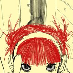 a drawing of a girl with red hair and bangs on her head looking at the camera