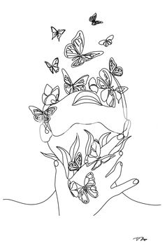 a black and white drawing of butterflies flying over a person's head with their hands in the air