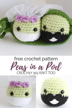 crochet pattern peas in a pod with flowers and mustaches on the top