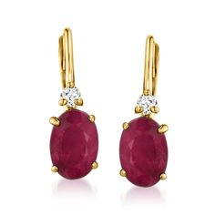 Ross-Simons - 1.30ct t. w. Ruby Drop Earrings, Diamond Accents in 14kt Yellow Gold. Make a statement and be bold with these 1.30 ct. t. w. oval ruby drop earrings, dotted with twinkling diamond accents. Set in polished 14kt yellow gold. Hanging length is 1/2". Leverback, ruby drop earrings. Ruby birthstones are the perfect gift for July birthdays. Ruby Drop Earrings, Drop Earrings Diamond, Ruby Birthstone, July Birthday, Earrings Diamond, Ruby Earrings, Fine Jewellery Earrings, Buy 1, Jewelry Watches