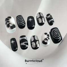 Welcome to BurntCloud Nails!  All the press on nails are handpainted by us, all photos are taken by us and show real products. (Actual colors may slightly vary due to photographic lighting sources and screen display differences.) We only use good quality materials, thus our press on nails are safe, exquisite, and durable. They are not rough machine-made pressons.  Message us if you are unsure about anything, and we will respond immediately once we see (up to 24 hrs).  Please confirm before order Nail Black And Silver, All Black Nails Short, Swag Nails Designs, Black Star Nail Designs, Black Planet Nails, Black Press On Nails, Black Nails With Silver Design, Nail Black, Black Silver Star Nails