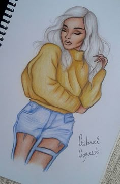 a drawing of a woman in yellow sweater and blue shorts with her hands on her hips