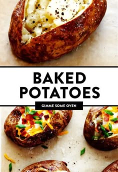 baked potatoes with cheese and seasoning on the top are shown in this collage