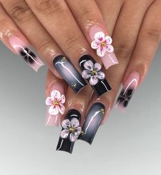 Orchid Nails Square, Black Flower Nails, Pink Ombre Nails, Short Acrylic Nails Designs, Nails Pink, Pink Acrylic Nails