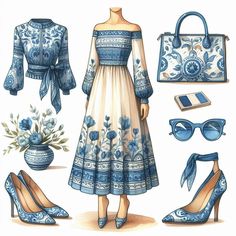 an illustration of a woman's blue and white dress with accessories including shoes, handbag, purse, sunglasses and purse