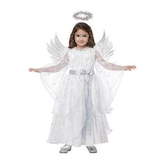 Let your little one show off her cherubic nature. Both charming and adorable, this Angel costume is perfect for Christmas and Holiday pageants. This costume includes a long white dress with star print overskirt, a detachable bow with ribbon, angel wings and a tinsel halo. White/Silver. Tights and shoes are not included. Fits sizes 4-6.Includes:DressDetachable BowAngel WingsTinsel HaloBase Material: 100% PolyesterCare: Hand WashCountry of Origin: Imported Kids Angel Costume, Girls Angel Costume, Silver Tights, Bow With Ribbon, Toddler Costumes Girl, Angel Kids, Elegant White Dress, California Costumes, Angel Costume